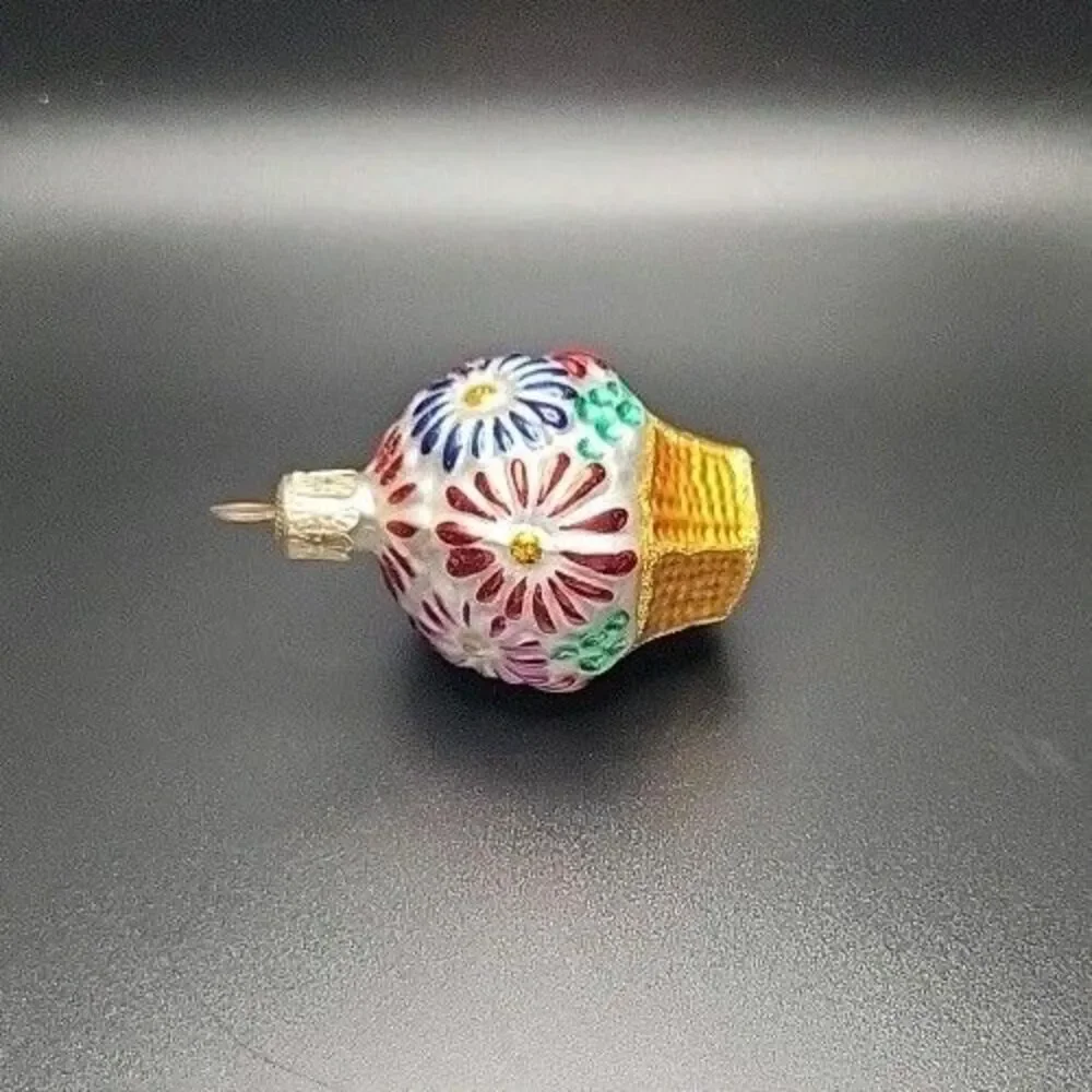 Vintage Czech Republic Blown Glass Flower Basket Christmas Ornament Mini 2.5”